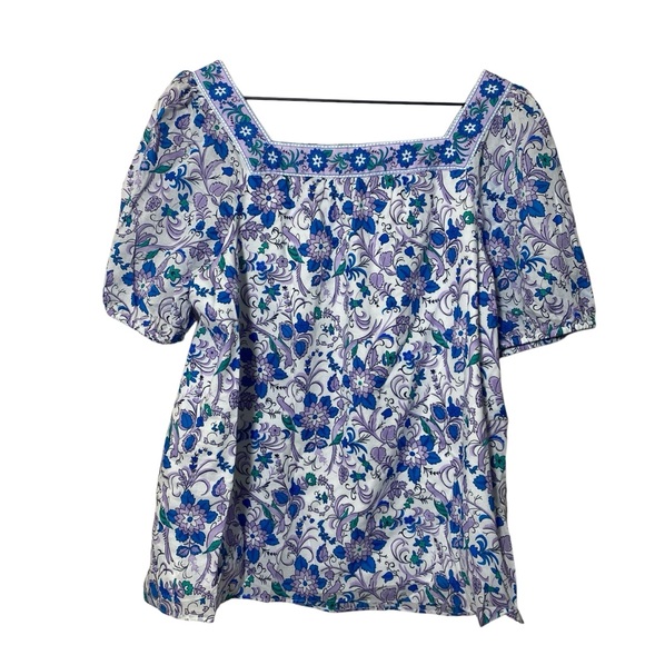 Talbots Blouse Size Large Blue Purple Floral Peacock Square Neck Short Sleeve - Picture 2 of 7